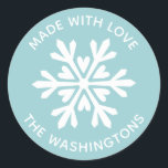 Made with Love Christmas Snowflake Sticker<br><div class="desc">A simple blue and white snowflake sticker with the greeting,  Made with love.  Personalise it with your family name. Fun for your homemade or handmade Christmas neighbour treats and gifts. Designed for you by Blackberry Boulevard.</div>