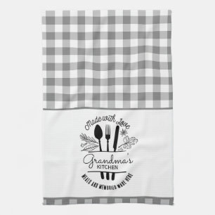 Made With Love Custom Name Grey Buffalo Plaid Tea Towel