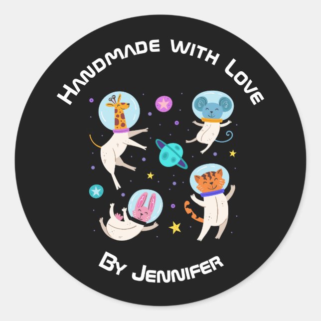 Made with Love  - Cute Astronaut Animal in Space Classic Round Sticker (Front)