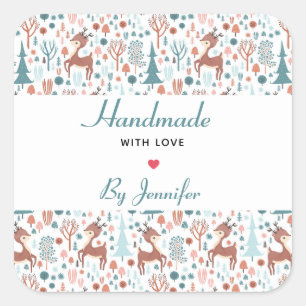 Made with Love Cute Deer in a Forest Pattern Square Sticker