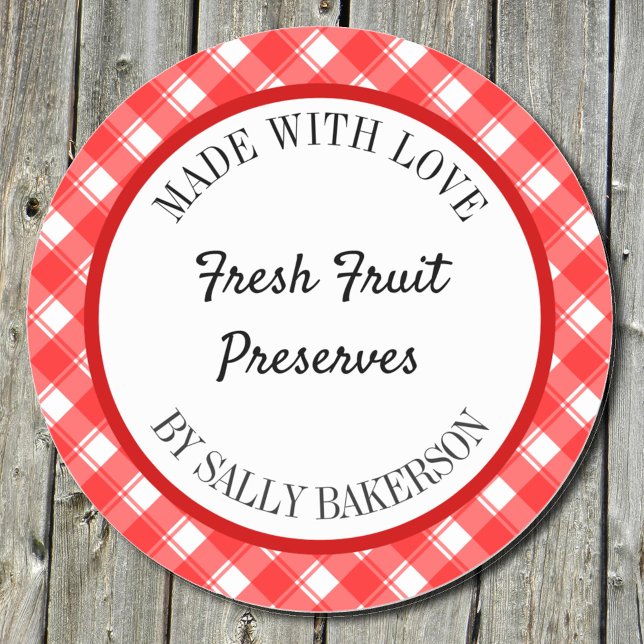 Made With Love Editable Red White Plaid Retro Classic Round Sticker (Creator Uploaded)