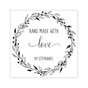 Made With Love Floral Heart Wreath Personalised Rubber Stamp