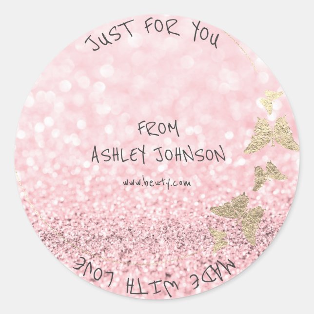 Made With Love For You Name Butterfly Gold Pink Classic Round Sticker (Front)