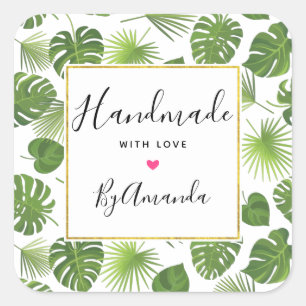 Made with Love Green Tropical Leaves Pattern Square Sticker