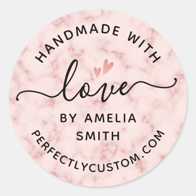 Made with love heart name URL blush pink marble Classic Round Sticker (Front)
