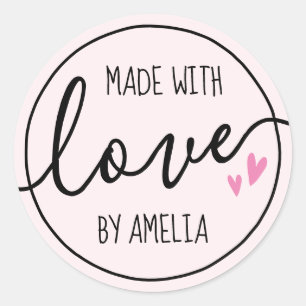 Made with love hearts custom name pale pink classic round sticker