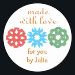 "Made With Love" holiday gift label<br><div class="desc">Cute,  classy gift label for the holidays,  featuring kids' snowflake cutouts.  Perfect for any homemade gift,  from a tin of cookies to a hand-knit scarf.  Personalise in a flash by replacing our sample name with yours.  Creators give half their proceeds to children's charities.</div>