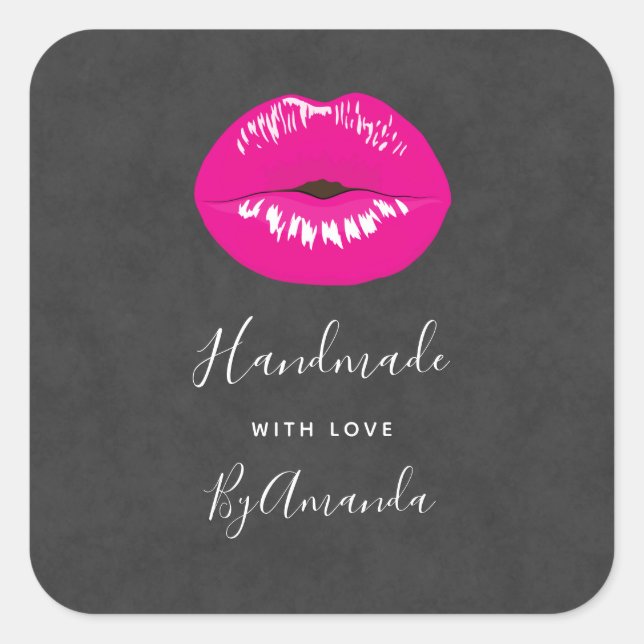 Made with Love Hot Pink Lips Glamourous Square Sticker (Front)