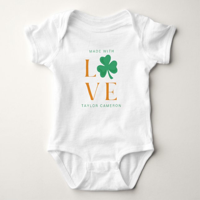 Made With Love Irish Shamrock Green and Orange Baby Bodysuit (Front)