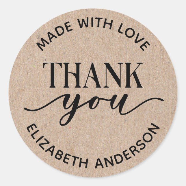 Made With Love Kraft Paper Thank you  Classic Round Sticker (Front)