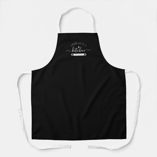 Made With Love Modern Black Custom Name Kitchen Apron (Front)