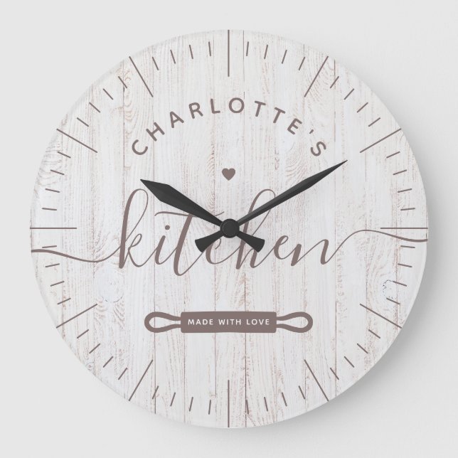 Made With Love Modern Chic White Grey Wood Kitchen Large Clock (Front)