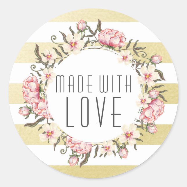 Made With Love Modern Gold Stripes & Pink Floral Classic Round Sticker (Front)