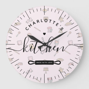Made With Love Modern Pink Bakery Pattern Kitchen Large Clock