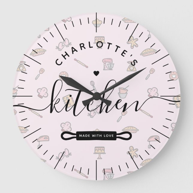 Made With Love Modern Pink Bakery Pattern Kitchen Large Clock (Front)