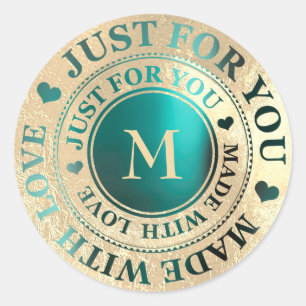 Made With Love Monogram Gold Teal Metallic Classic Round Sticker