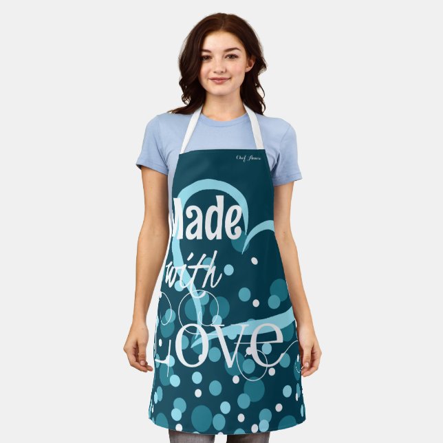 Made With Love Personalised Apron in Dark Teal (Worn)