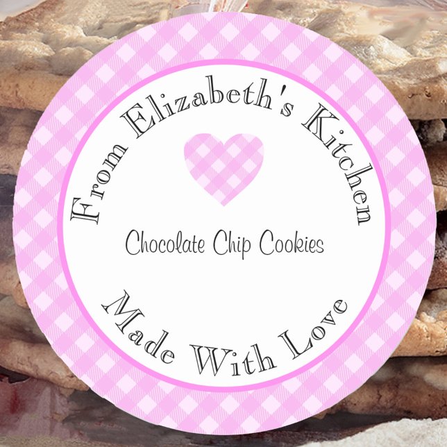 Made With Love Pink Gingham Home Baked Gift Classic Round Sticker (Creator Uploaded)