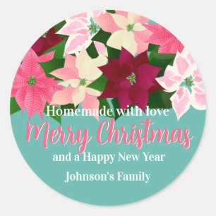Made with Love - Pink Poinsettias Christmas Classic Round Sticker