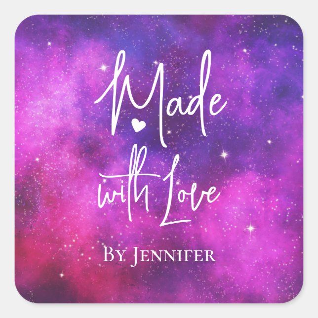 Made with Love Pink & Purple Space & Stars Square Sticker (Front)