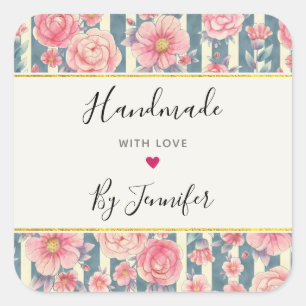 Made with Love Pink Watercolor Flowers on Stripes Square Sticker