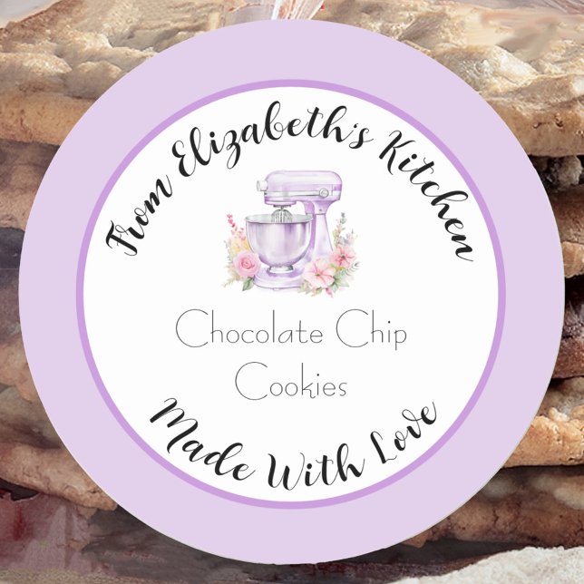 Made With Love Purple Floral Mixer Home Baked Gift Classic Round Sticker (Creator Uploaded)