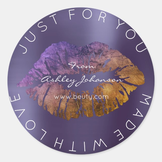 Made With Love Purple Gold Lipstick Makeup Lips Classic Round Sticker (Front)