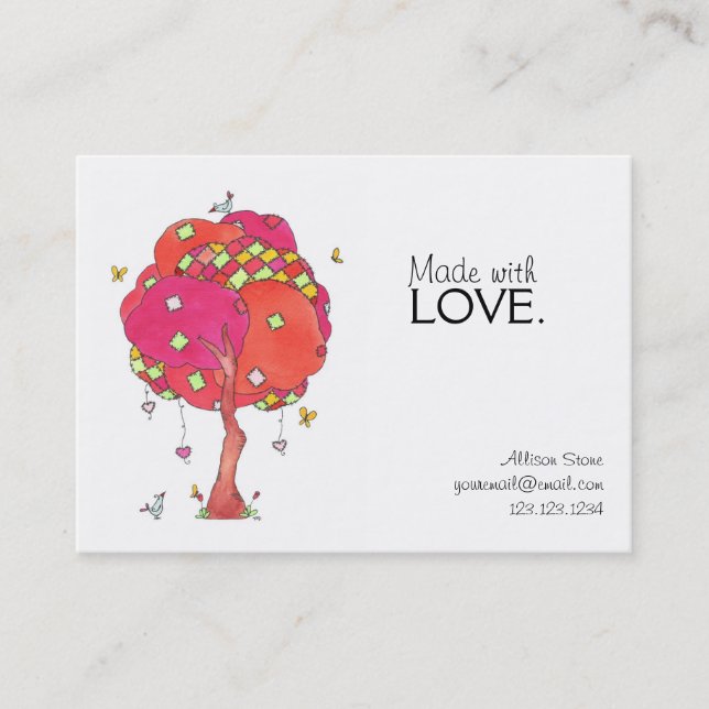 Made with Love Quilted Pink Patch Tree Birds Business Card (Front)