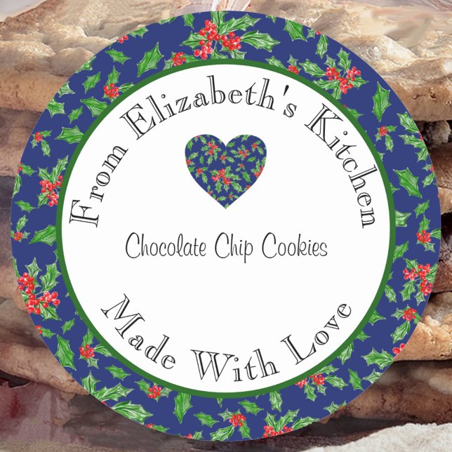Made With Love Red and Green Holly Home Baked Gift Classic Round Sticker (Creator Uploaded)