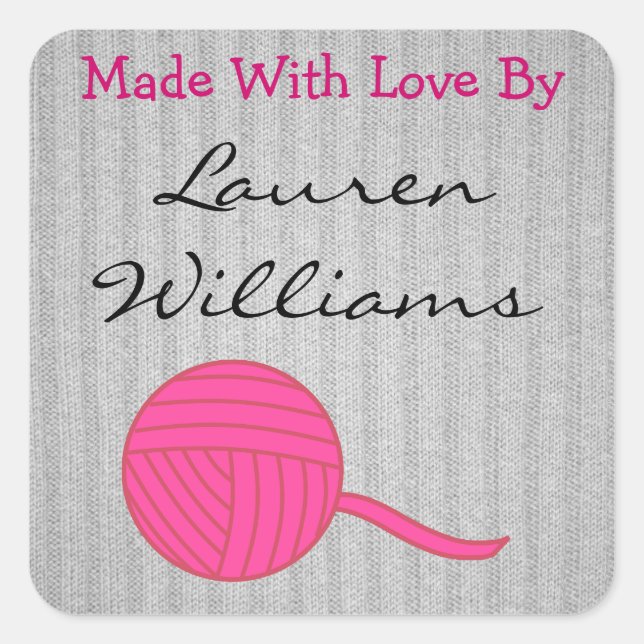 Made With Love Round Pink Ball of Yarn Grey Knit Square Sticker (Front)