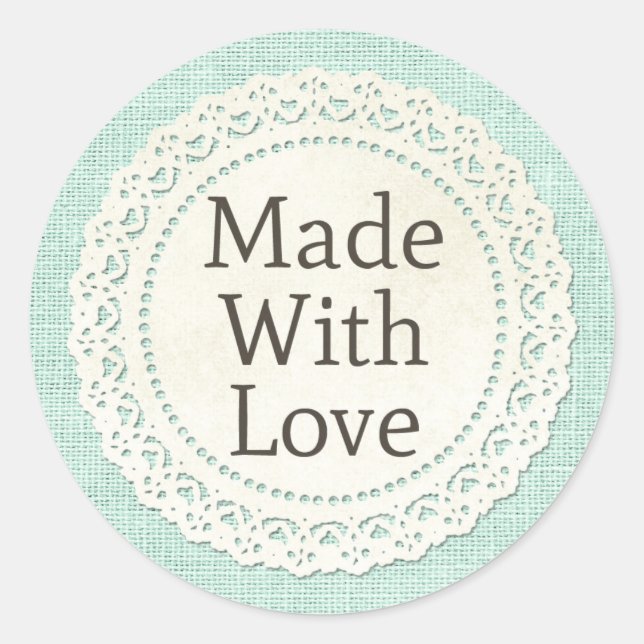 Made With Love Rustic Country Lace Doily on Burlap Classic Round Sticker (Front)