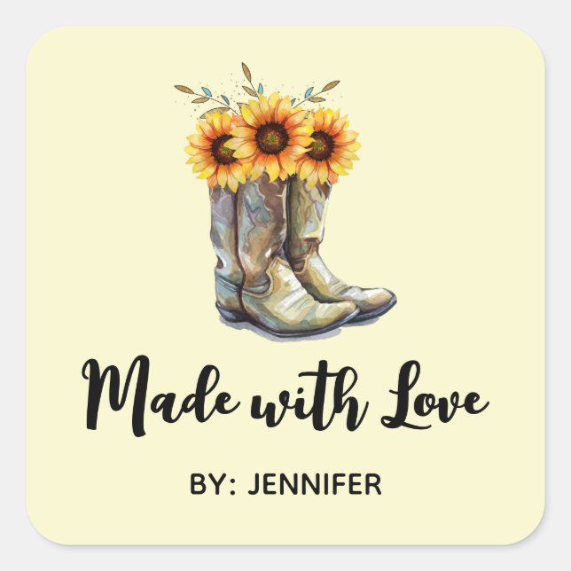 Made with Love Rustic Cowboy Boots with Sunflowers Square Sticker (Front)