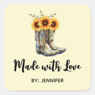 Made with Love Rustic Cowboy Boots with Sunflowers Square Sticker