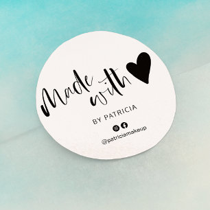 Made with love script minimalist black and white classic round sticker