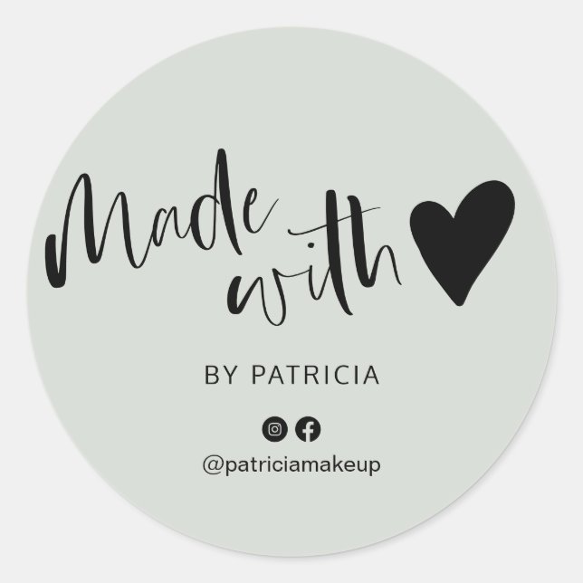 Made with love script minimalist sage green classic round sticker (Front)