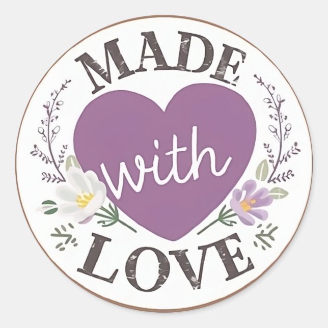 Made with Love sticker with Purple Heart & flowers (Front)