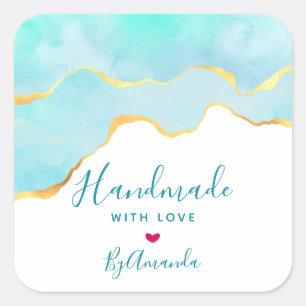 Made with Love Tropical Green & Gold Wavy Border Square Sticker