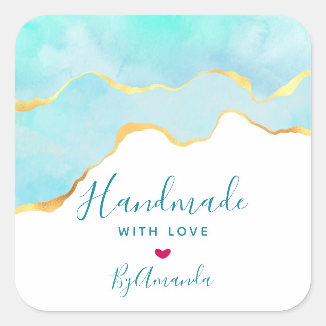 Made with Love Tropical Green & Gold Wavy Border Square Sticker (Front)