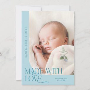 Made With Love Turquoise Photo Birth Announcement