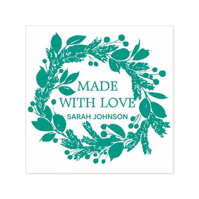 Made With Love Winter Foliage Wreath Personalised Self-inking Stamp (Design)