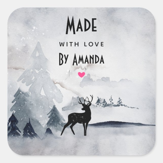 Made with Love  Winter Reindeer Rustic Watercolor Square Sticker (Front)