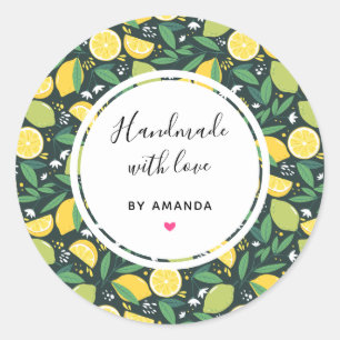 Made with Love Yellow Lemon and Lime Fruit Pattern Classic Round Sticker