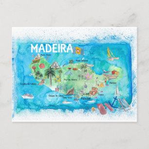 Madeira Portugal Island Illustrated Map Holiday Postcard