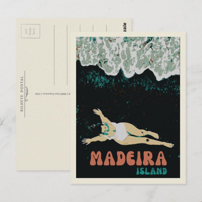 Madeira's Black Sand Beach lady illustration Postcard (Front/Back)
