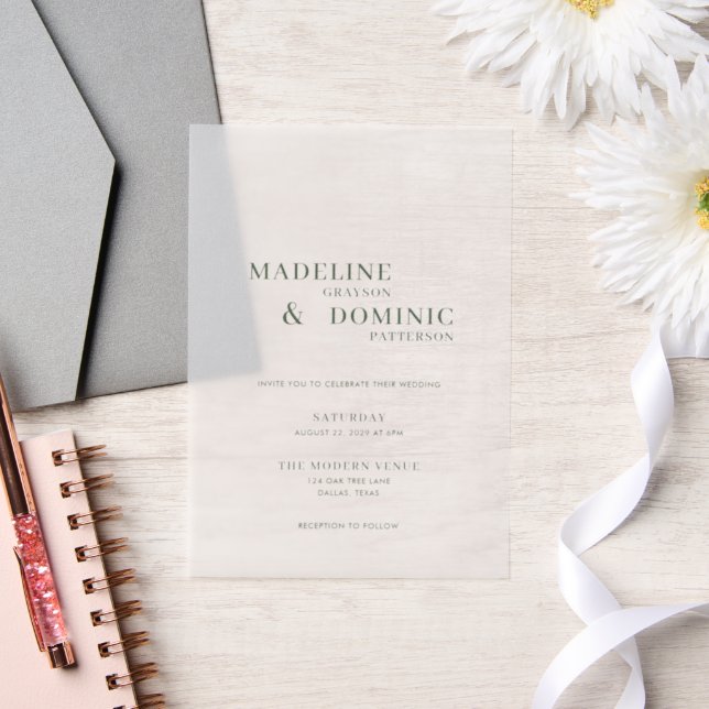 Madeline Forest Green Simple Modern Wedding Vellum Invitations (Wedding)