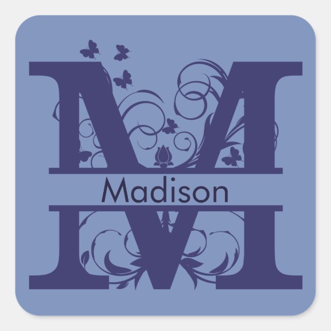 Madison Monogram Butterfly Swirls Square Sticker (Front)