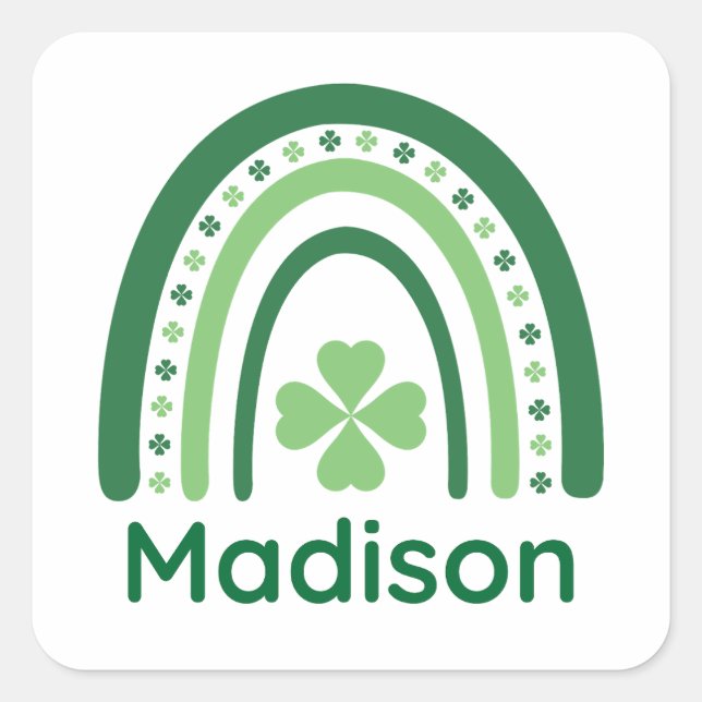 Madison Name Clover Boho Rainbow Square Sticker (Front)