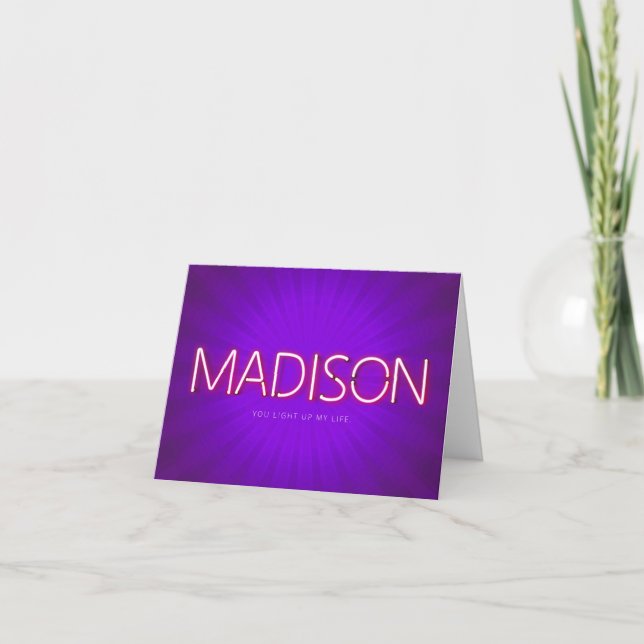 Madison name in glowing neon lights card (Front)