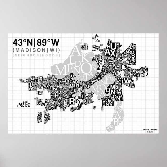 Madison Neighbourhood Typography Map - B&W Poster (Front)