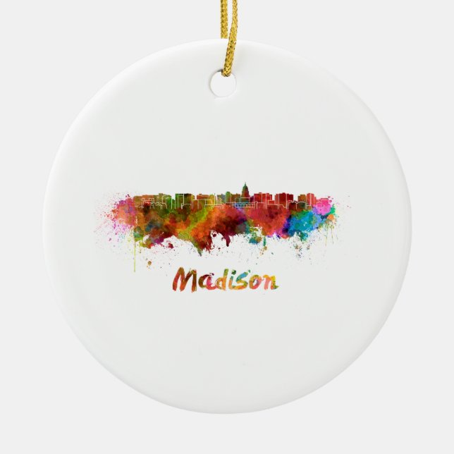 Madison skyline in watercolor ceramic ornament (Front)